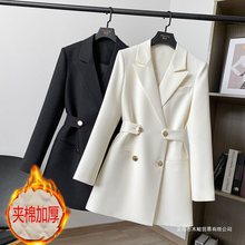 中长款小西装外套女士春秋季新款纯色收腰显瘦双排扣时尚西服上衣