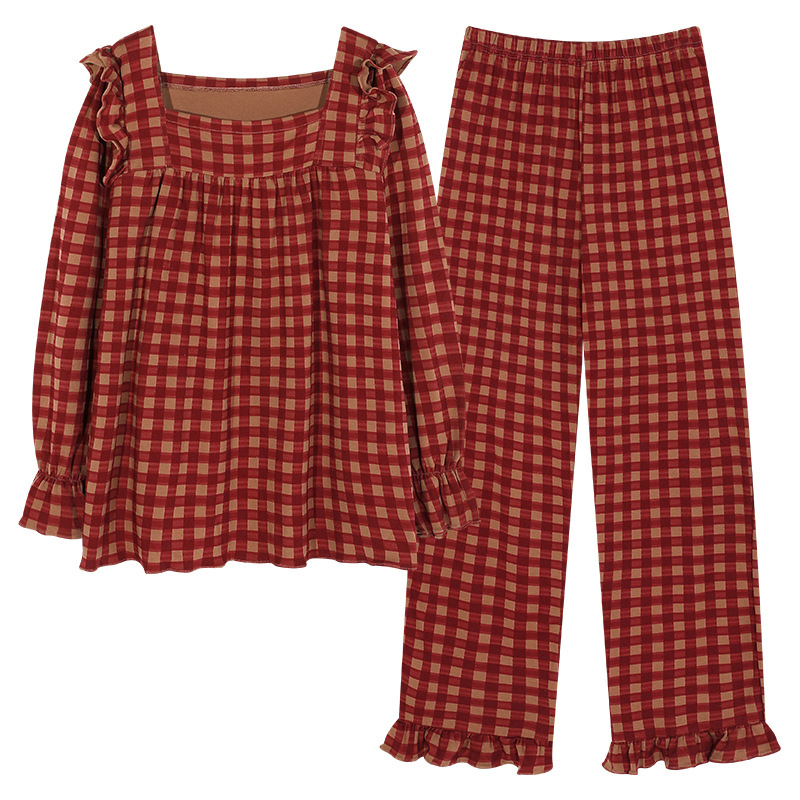 봄과 가을 새로운 격자 무늬 면 파자마 긴팔 바지 여성용 코튼 벨트 가슴 패드 겉옷 플러스 사이즈 홈 옷