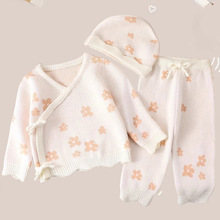 ins热卖新款婴童针织套装花朵印花秋冬长裤帽子三件套舒适保暖