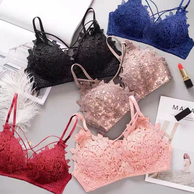 Japanese Style Mi Ai Embroidered Underwear Women's No Steel Ring Hot Temptation Sexy Lace Gathered Adjustable Bra Set