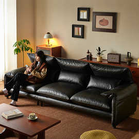 Maralunga折耳意式极简客厅直排中古黑色真皮马拉伦加油蜡皮沙发