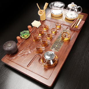 Fully Automatic Glass Tea Set Set for Home Living Room Complete Set of Kung Fu Solid Wood Tea Tray Bottom Water Kettle Tea Table