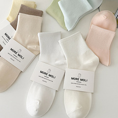 Pure Color Zhuji Women's Spring Summer Ins Style Fashion Cotton Sports Socks Double Elastic Non-Slip Mid Calf Socks Wholesale