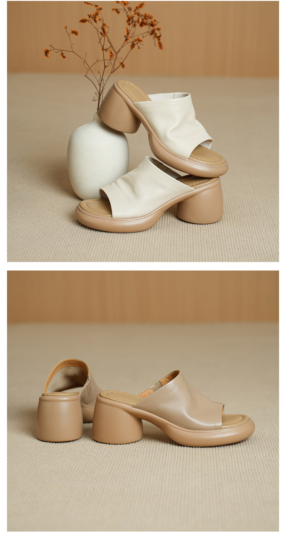 Sandal cao gót nữ hở mũi da dê gót thô 7 cm đế dày — màu trắng ngà chi tiết 12