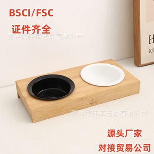 Cat Bowl Ceramic Black Bamboo Wooden Bowl Shelf Anti-Knock over Rice Bowl Kitten Single Bowl Double Bowl Cat Food Bowl Water Bowl Bowl Shelf