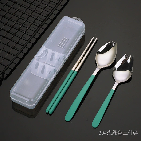 304 (silver light green) spoon and fork portable three-piece set