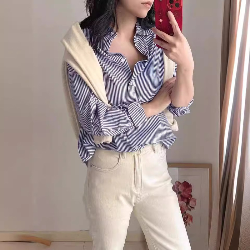 8325 # 25 Autumn New Arrivals Simple Style Loose Striped Long Sleeve Cotton Shirt for Women 8325 # 25 Autumn New Arrivals Simple Style Loose Striped Long Sleeve Cotton Shirt for Women