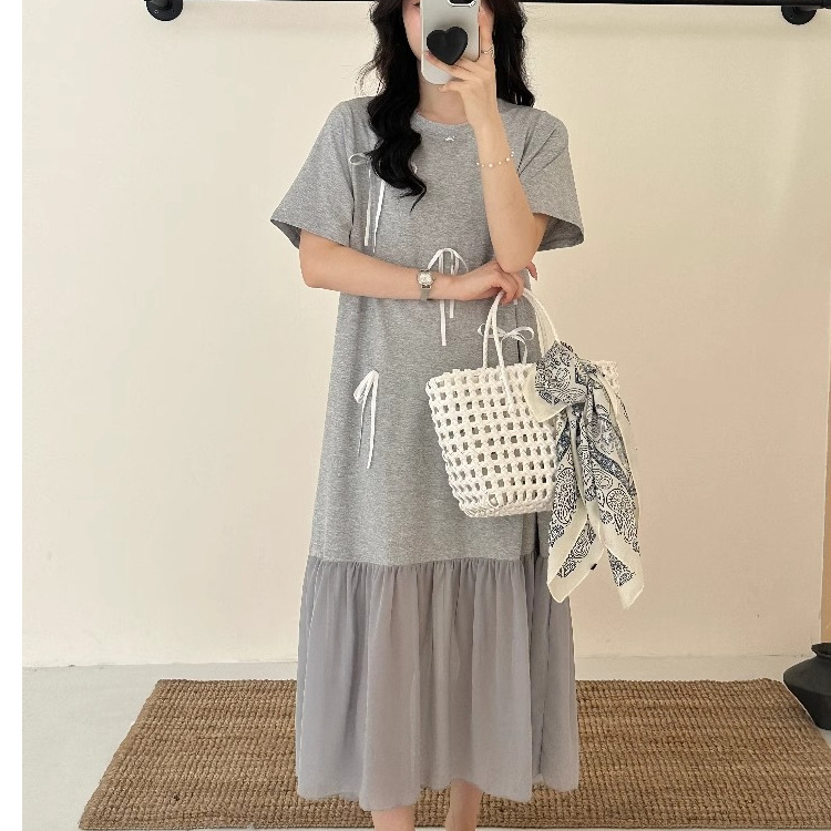 グレーリボンメッシュスプライシングドレスレディースミドル丈2025夏新作韓国風ルーズスイートTシャツドレス|undefined
