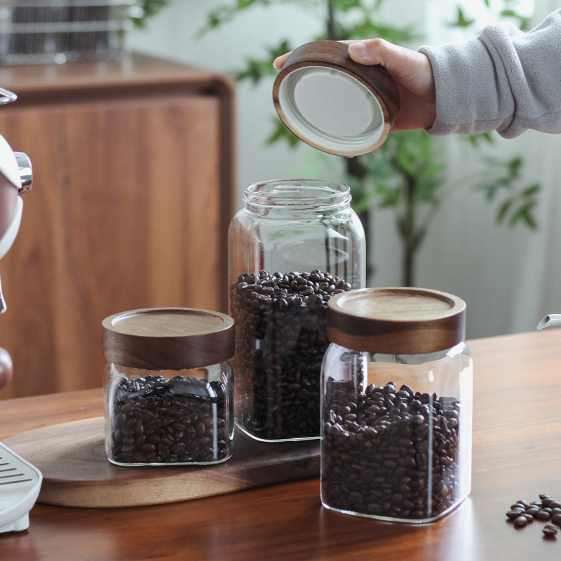 アカシア木製蓋ガラス茶缶コーヒー豆保存密封缶家庭用ドライフルーツスナック穀物保存缶|undefined