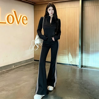 休闲运动套装女士秋冬加绒小个子时尚修身长袖外套微喇叭裤两件套