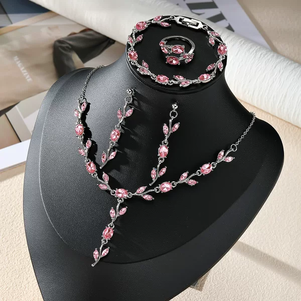 Cross-Border Best-Selling European and American Style Leaf and Petal Jewelry Set, Fashionable Leaf and Tulip Necklace, Bracelet, Ring, and Earrings
