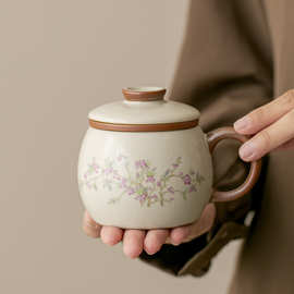 过滤水杯米黄汝窑茶杯带盖马克杯新中式个人办公室茶水分离泡茶杯