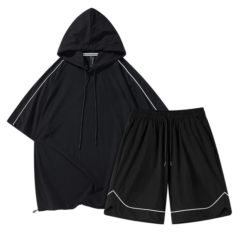 2025 летняя пара падающих гор набор повседневных приливов простой спортивный сплошной цвет может быть открыт с капюшоном с короткими рукавами