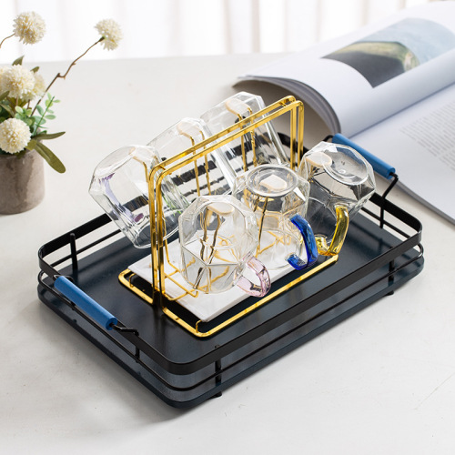 Tea tray household simple iron handle tray restaurant hotel tea set tray rectangular European style bamboo wooden tray