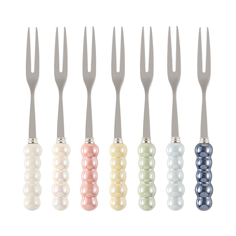 Creative 304 Stainless Steel Pearl Fruit Fork Household 2-tooth Fruit Fork Wedding Cake Fork Bird's Nest Hand Accompanying Gift PVC Bag