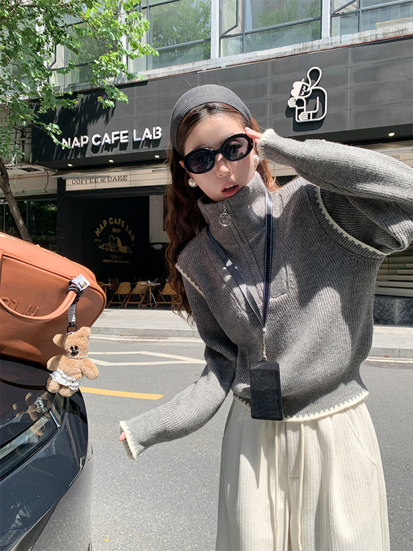 灰色半拉链高领毛衣女2025春秋新款拼接针织衫宽松设计感上衣女|undefined