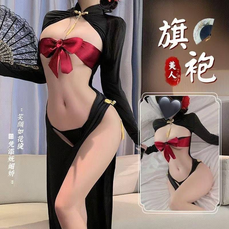 Front and back wear trap surprise front open curtain breast-exposed cheongsam open gear non-take-off sexy lingerie sexy temptation women's pajamas