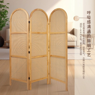 Retro Rattan Folding Solid Wood Folding Screen Chinese Style Screen Partition Living Room Entrance Porch Bedroom Sheltering Movable