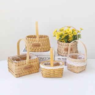 Wood Chip Flower Basket Holiday Flower Shop Flower Flower-arranging Basket Woven Portable Basket Rattan Fruit Basket Picnic Storage Basket