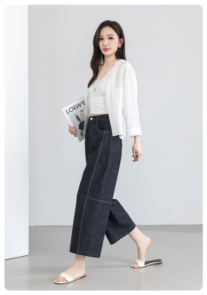 Quần jean nữ ống rộng eo cao vải linen mát mẻ phong cách cổ điển — xanh lam chi tiết 21