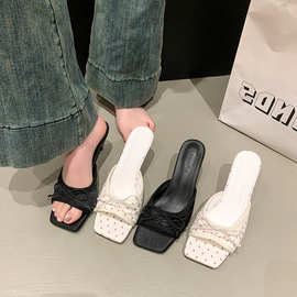 红色仙女风方头一字高跟拖鞋女款夏外穿2025新款配裙子增高凉拖鞋