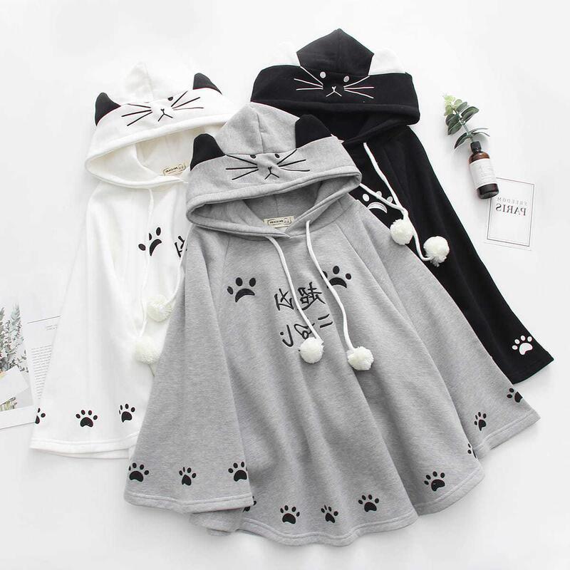 Fat mm300 Jin Fall/Winter New Japanese College Style Cat Printed Cape Loose Hooded Girl Student Jacket