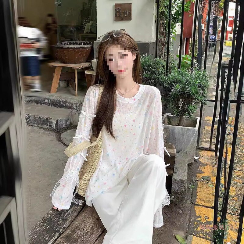 Thin Printed Long-Sleeved Sun Protection T-Shirt for Women, Summer Design with Bow Lace Splicing, Unique and Chic Top Ins Thin Printed Long-Sleeved Sun Protection T-Shirt for Women, Summer Design with Bow Lace Splicing, Unique and Chic Top Ins