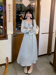 法式温柔风灯笼长袖连衣裙女秋季2025新款收腰A字显瘦系带长裙子