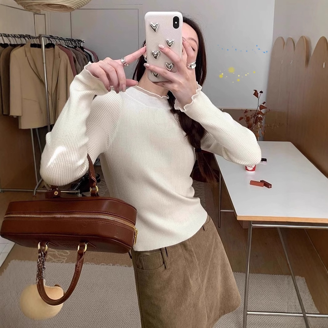 흰색 머플 반 터틀넥 스웨터베이스 셔츠 여성용 가을 및 겨울 프랑스 슬림 핏 내부 긴팔 스웨터 탑