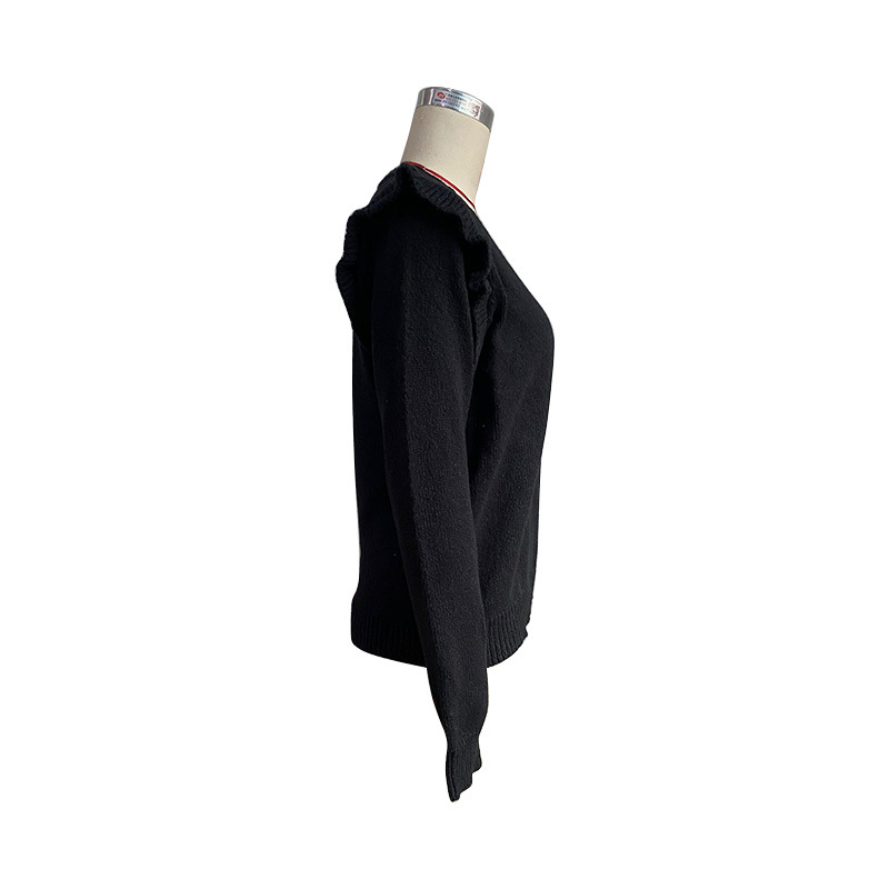Pullover maglione a maniche lunghe patchwork in pizzo nero con scollo a V_voghion.com