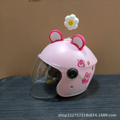 Motosiklet kaskı (dəbilqə) 6-12 years old winter female - pink-strawberry-bear-transparent-long-mirror-rose-red-bear-ears-small-flowers
