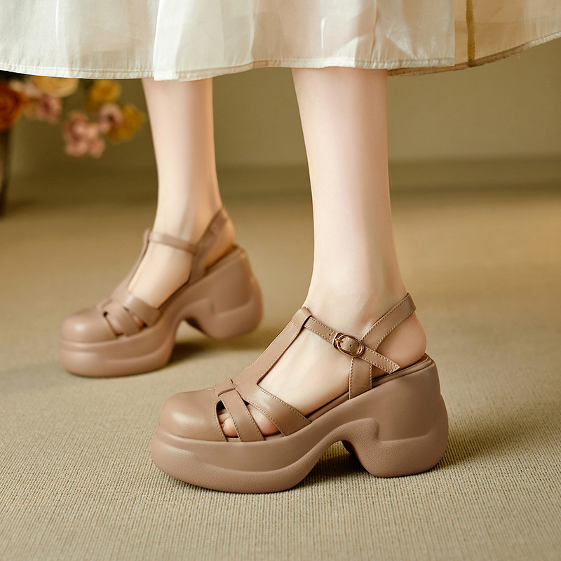 Sandal nữ quai chữ T đế xốp dày phong cách La Mã dệt — đen
