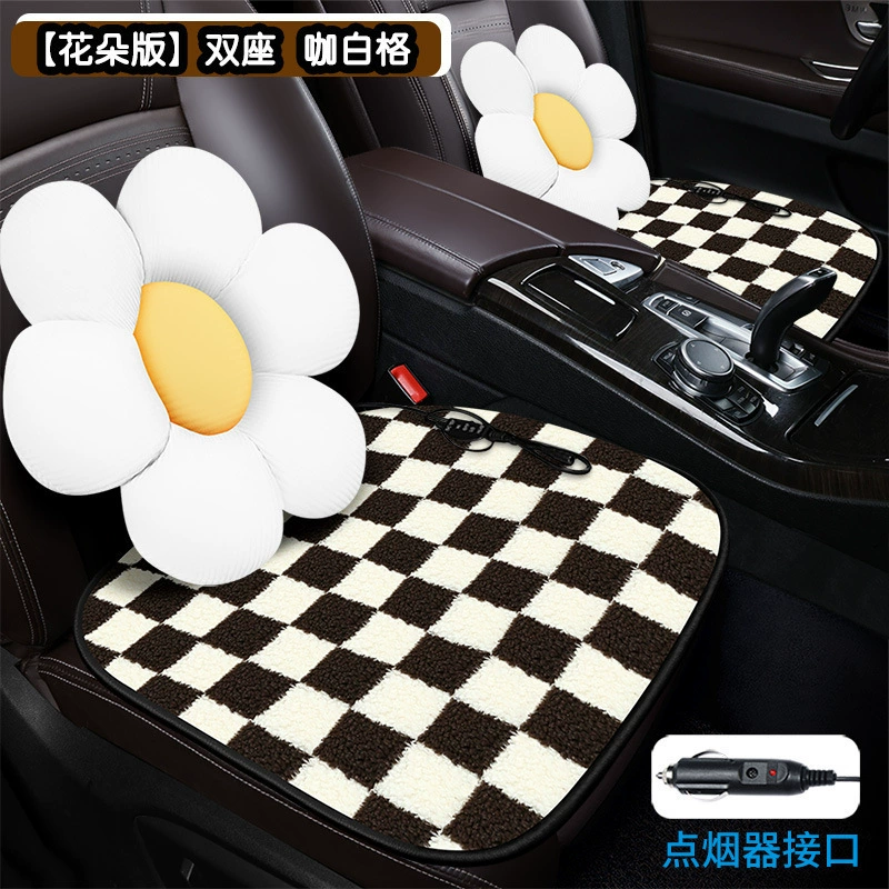 Heated car seat cushion, flowered cartoon design, USB or cigarette‑lighter, single/double sizes