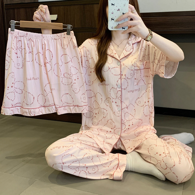 Sweet and Cute Style Teddy Bear Pajamas for Women Summer New Loose Casual Home Wear Short-Sleeved Three-Piece Set Wholesale