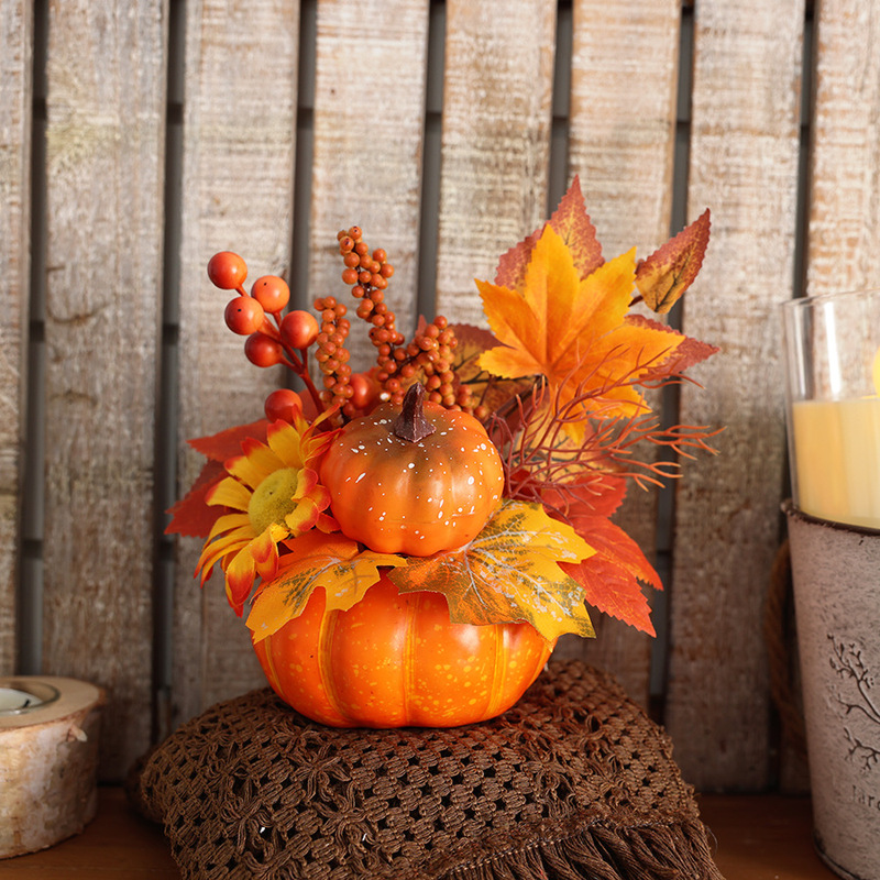 クリエイティブ装飾品カボチャ盆栽模擬花収穫祭ハロウィンクリスマススタイル装飾フラワーアレンジメントアクセサリーカエデの葉|undefined