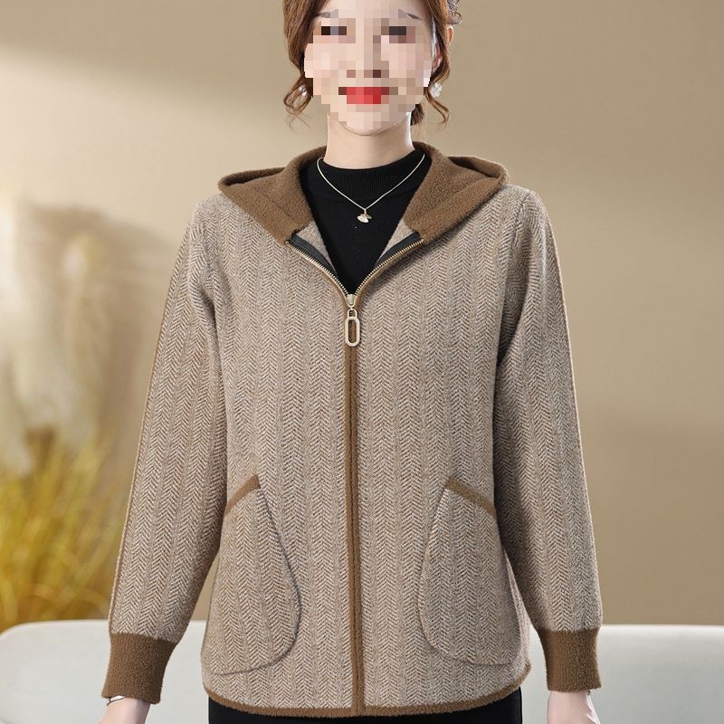 2024 새 어머니의 봄 후드 니트 카디건 여성 한국식 느슨한 중년 여성의 봄과 가을 스웨터 코트