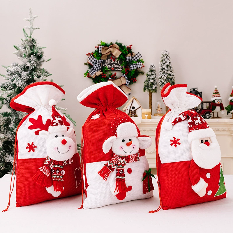 knitted Christmas gift bags — подарочные новогодние сумки с аппликацией Санта-Клауса/снеговика/оленя, с завязками, многоразовые