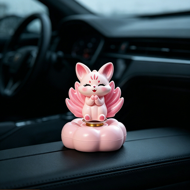 Cute and Fun Rotating Nine-Tailed Fox Car Ornament, Battery-Powered Vehicle Interior Decoration, Office Desk Car Dashboard Decoration