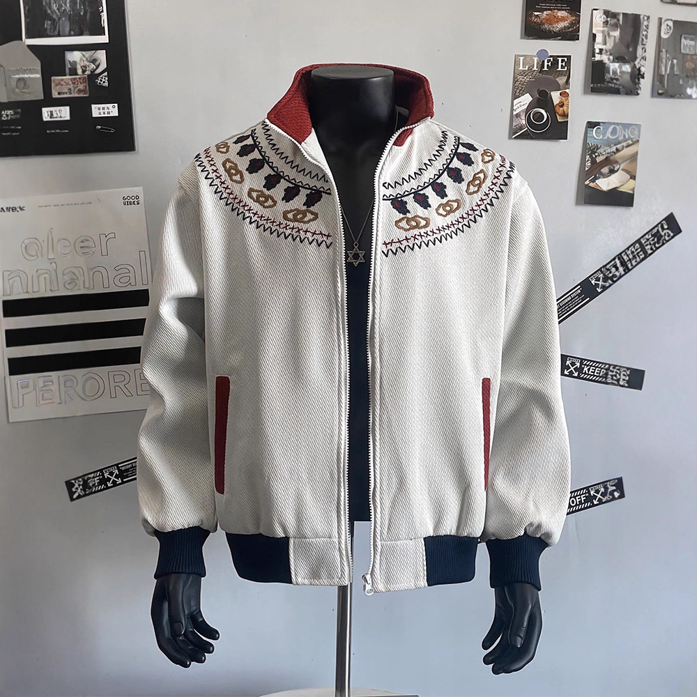 Embroidered Contrasting Design, Stand Up Collar Jacket, Fel Island Knit Sweater, Cardigan Jacket, Top_voghion.com