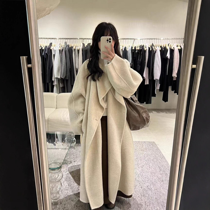 New Autumn and Winter Double-Sided Cashmere Coat for Women, Extra-Long, Loose-Fitting, Lazy Style, Tie-Up, Elegant, Slimming Wool Coat for Women