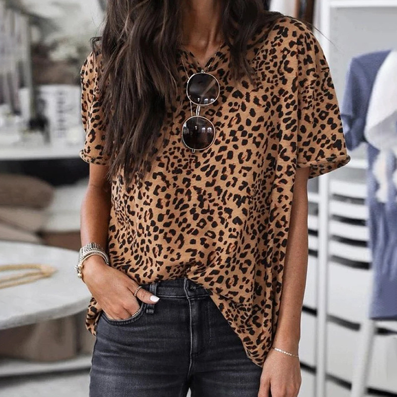 时颖亚马逊休闲上衣夏季欧美新款套头宽松豹纹短袖圆领t恤女定制