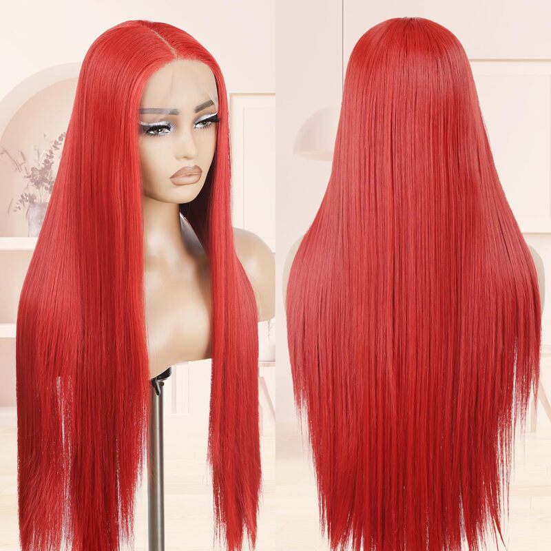 Red wig, long lace front wig, untrimmed with baby hair, HD lace, glue-free synthetic Red wig, long lace front wig, untrimmed with baby hair, HD lace, glue-free synthetic