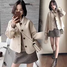 秋冬新款短款千鸟格双面羊毛呢大衣女娃娃领呢子外套宽松显瘦大码