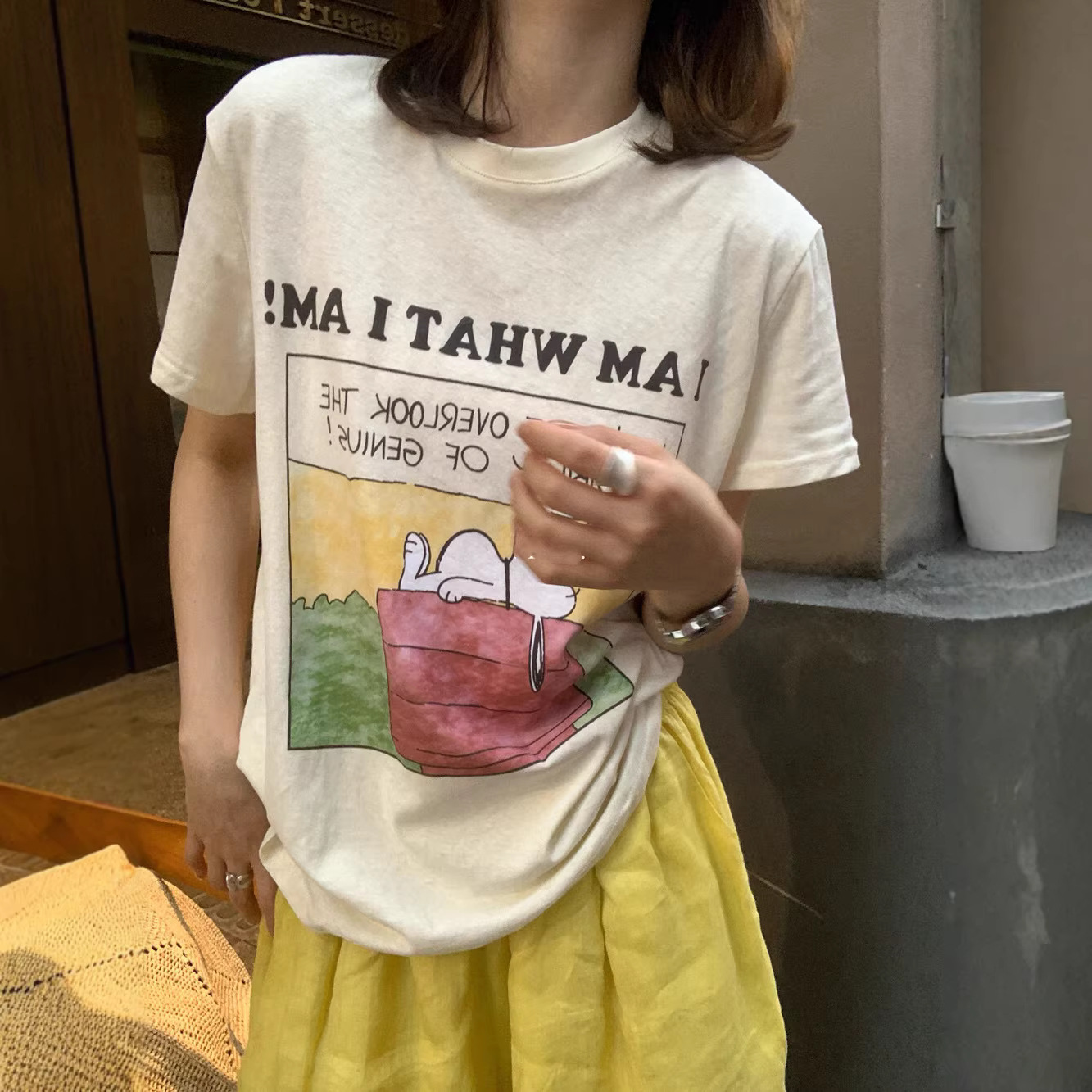 韩系休闲慵懒风趣味卡通印花t恤女2026夏季新款宽松百搭圆领上衣
