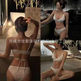 跨境欧美新款三角分体泳衣女遮肚显瘦沙滩度假温泉泳装女【一件代