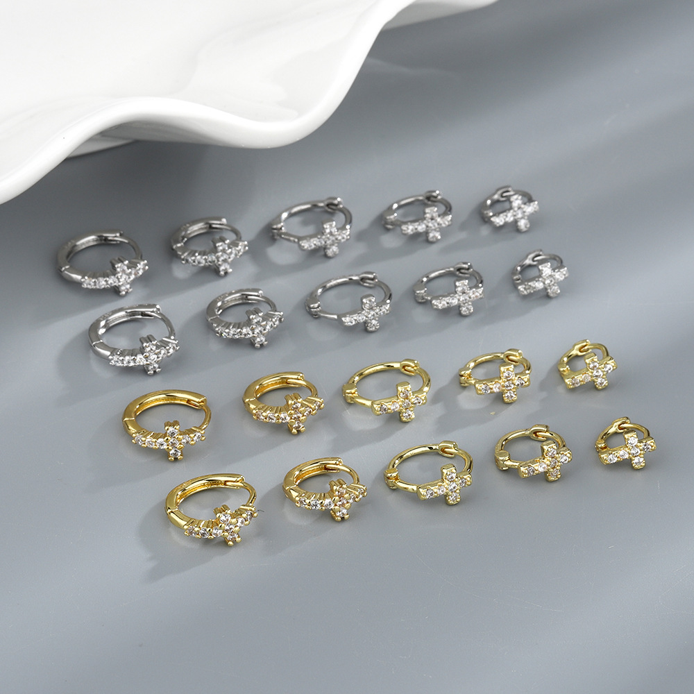 Hebilla de oreja de cruz de diamantes completa, pequeño libro rojo, diseño fresco de moda, estilo de Hong Kong, pendientes geométricos simples con incrustaciones de circón, mujer