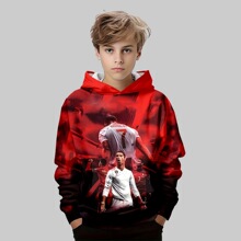 25跨境男童足球主题红色印花连帽短袖卫衣热血运动时尚款休闲百搭