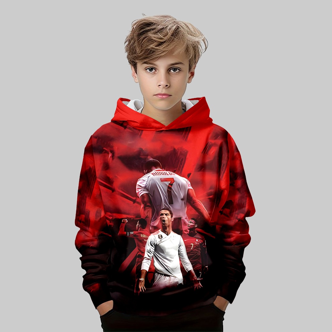 25跨境男童足球主题红色印花连帽短袖卫衣热血运动时尚款休闲百搭