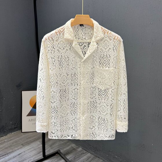2025 Men's Summer New Long-sleeved Coat High-grade Hollow-out Design Trendy Top Thin Cool Breathable Shirt