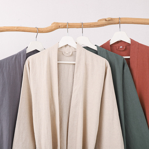 Lusu Four Seasons Cotton Linen Bathrobe Home Clothes Hanfu Pajamas Men and Women Couple Japanese Kimono Style B&B Hotel